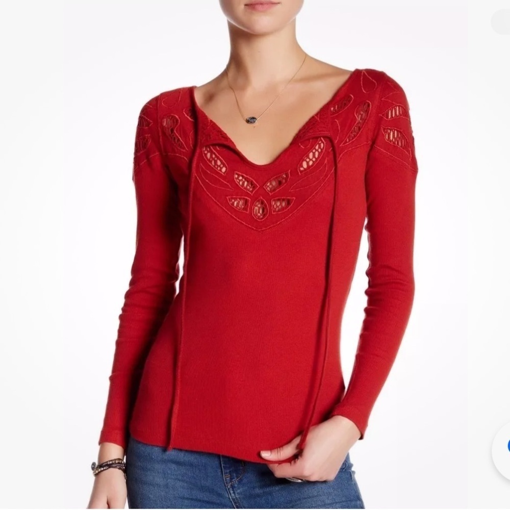 Free People womens Red/Orange crochet Embroidered Yoke Stretch Cotton tee top